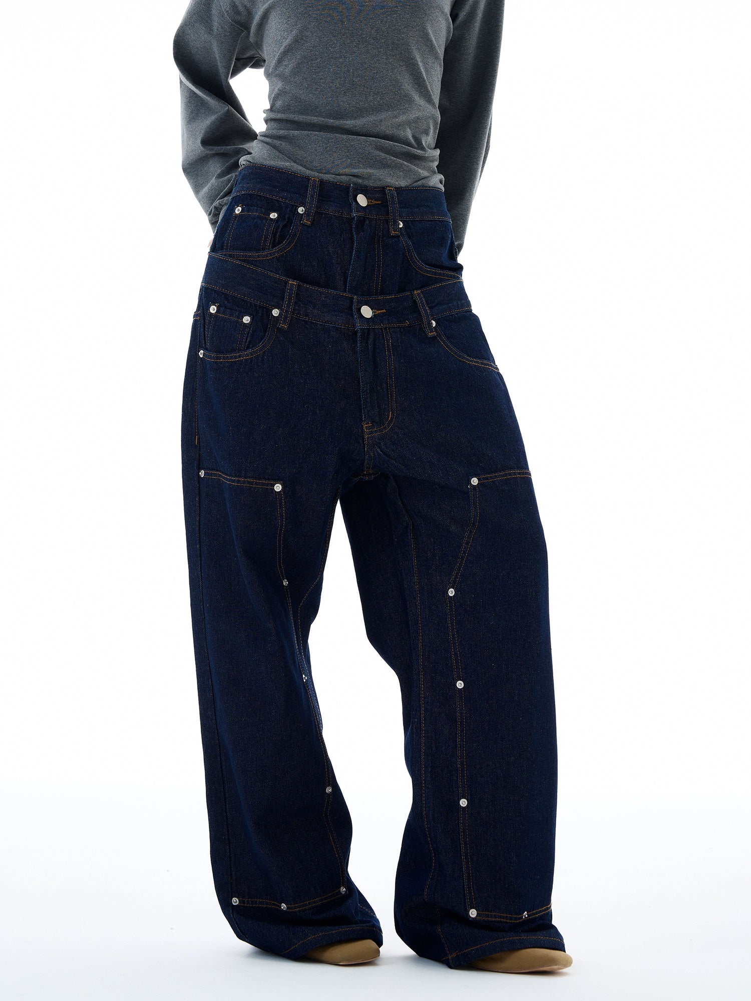 Calças Jeans Largas de Cintura Dupla 