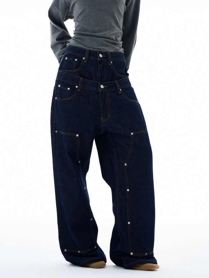 Pantalones de mezclilla de pierna ancha sueltos de cintura doble 
