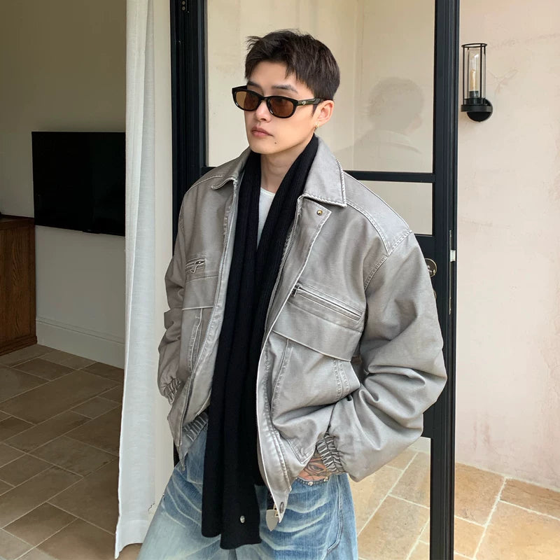 جاكيت جلد قطن مبطن بغسلة عتيقة 