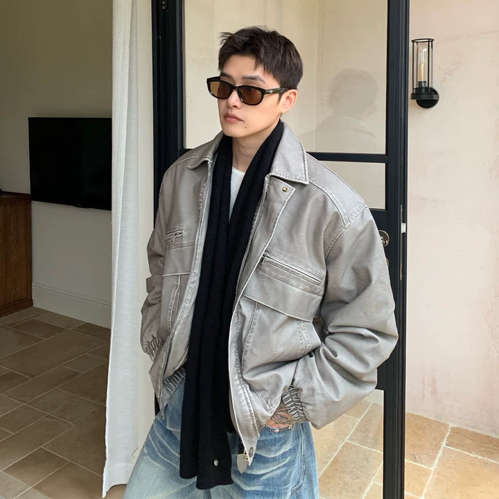 Vintage gewassen leren gewatteerde jas 