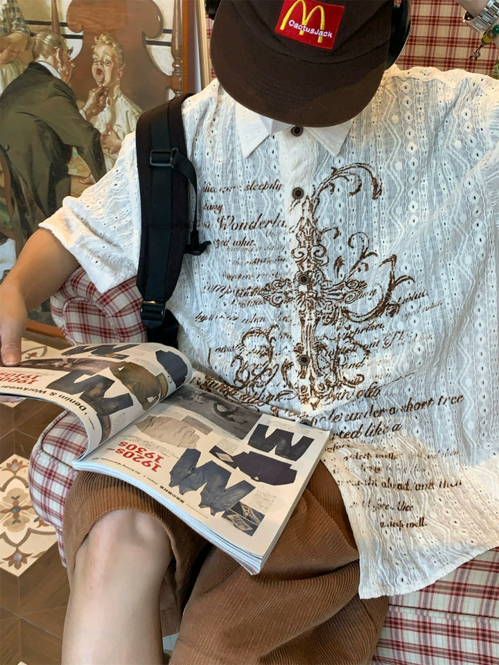 Hollow Print Krátký Rukáv Volná Košile 