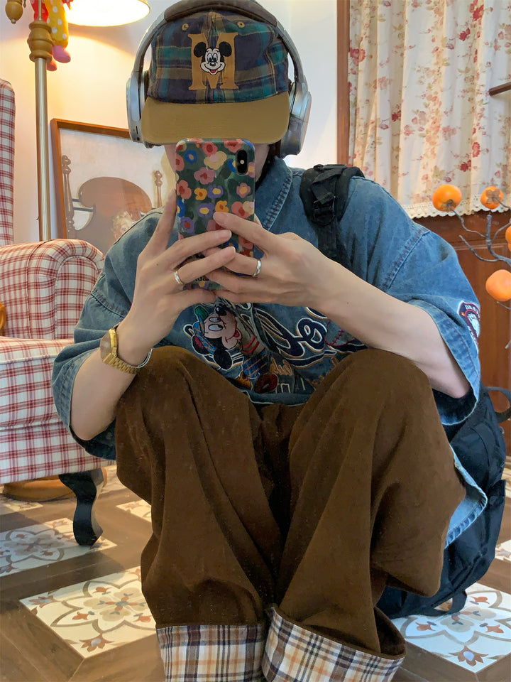 Embroidered Cartoon Denim Short-Sleeve Shirt