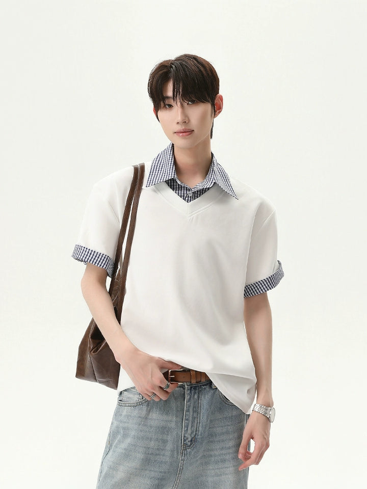 Plaid Collar Short Sleeve Pullover