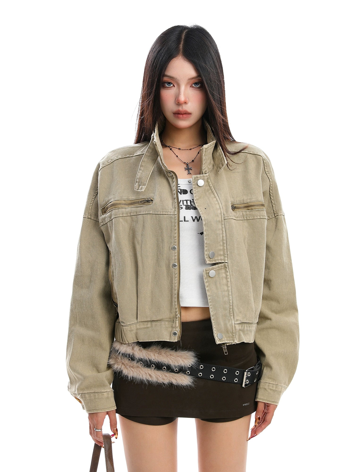 Giacca da lavoro in denim lavato a effetto usurato 