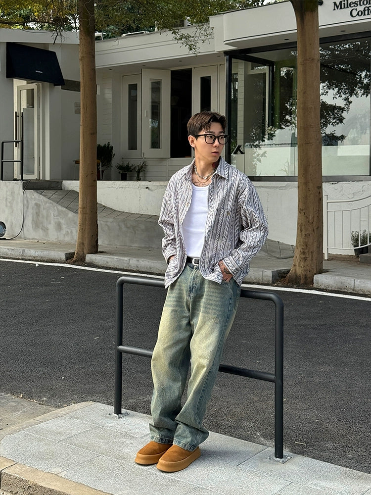 Jacquard Pattern Long Sleeve Casual Shirt