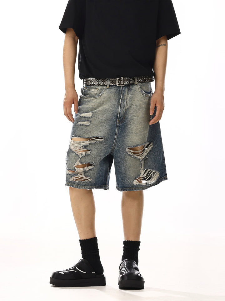 Distressed Raw Edge Wide Leg Denim Shorts
