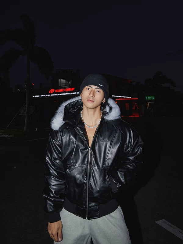 Retro Kapuzenlederjacke mit Fellkragen 