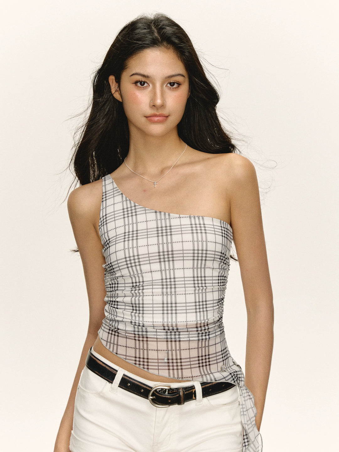 Plaid One Shoulder Fitted Tank Top