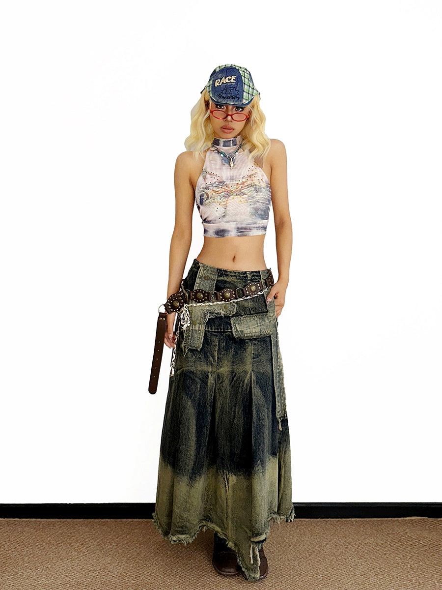 Distressed Raw Edge Denim Maxi Skirt