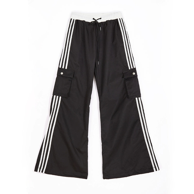 Striped Wide Leg Drawstring Cargo Pants