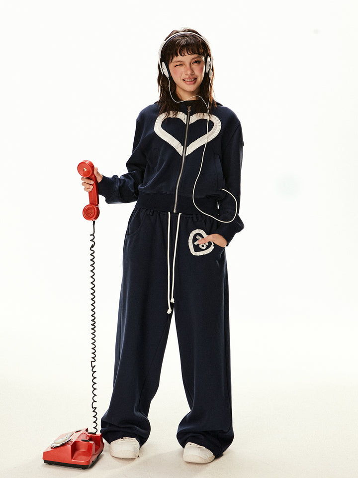 Retro Patch Hooded Cardigan Pants Set