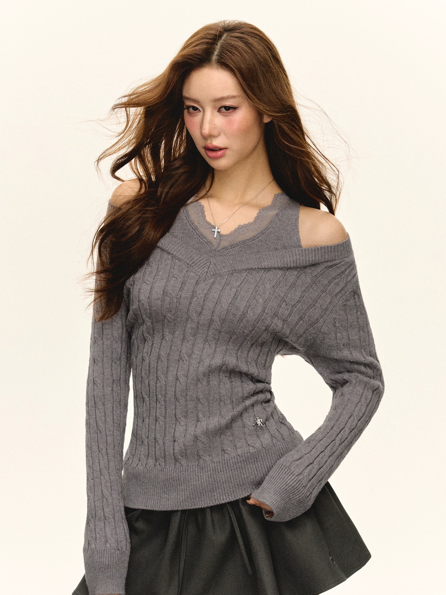 Lace Trim Cold Shoulder Knit Sweater