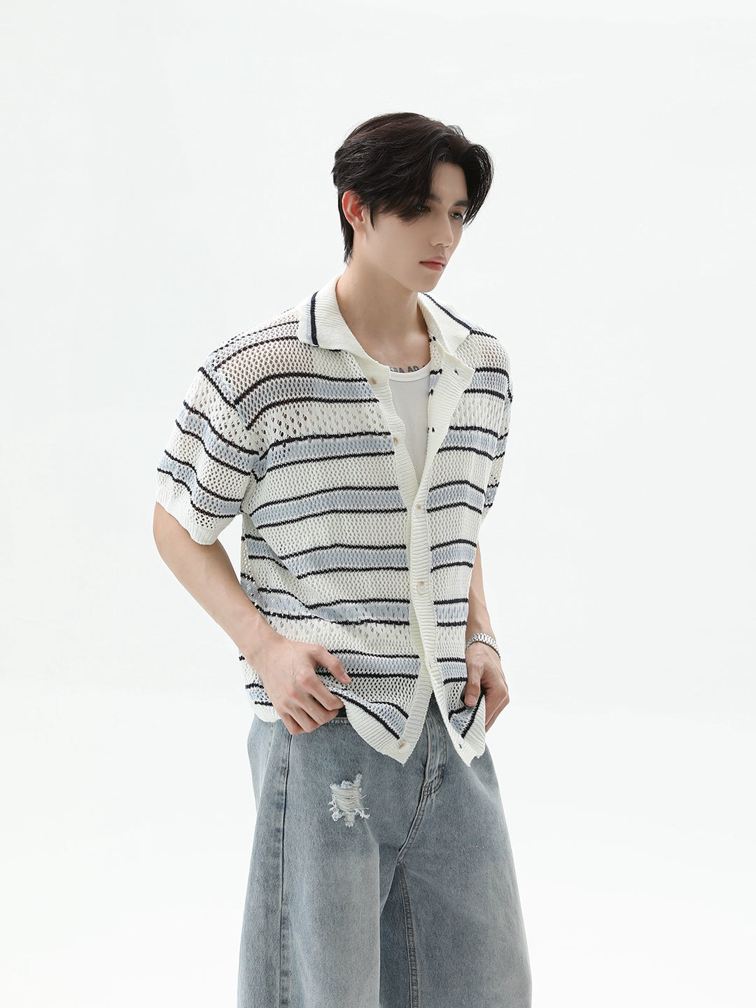 Hollow Knit Striped Short Sleeve Cardigan