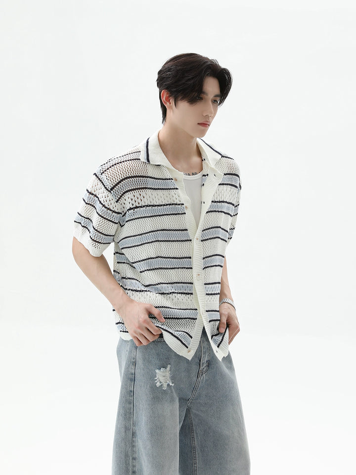 Hollow Knit Striped Short Sleeve Cardigan