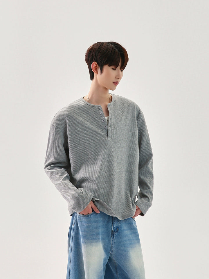 와플 니트 헨리 칼라 풀오버 