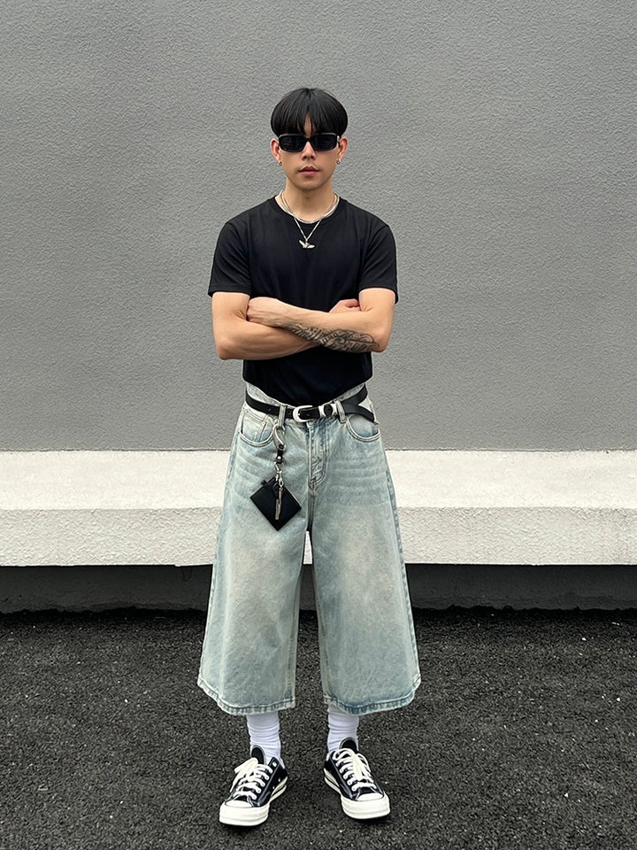 ウォッシュドワイドレッグクロップドデニムパンツ 