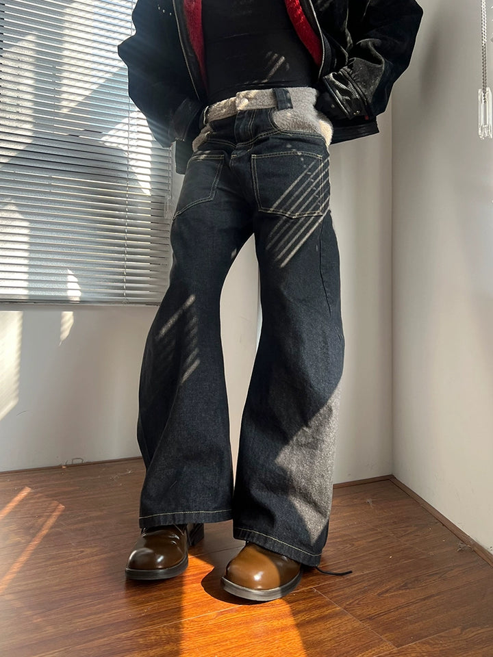 ウォッシュド ステッチング ルーズ ストレート ジーンズ 