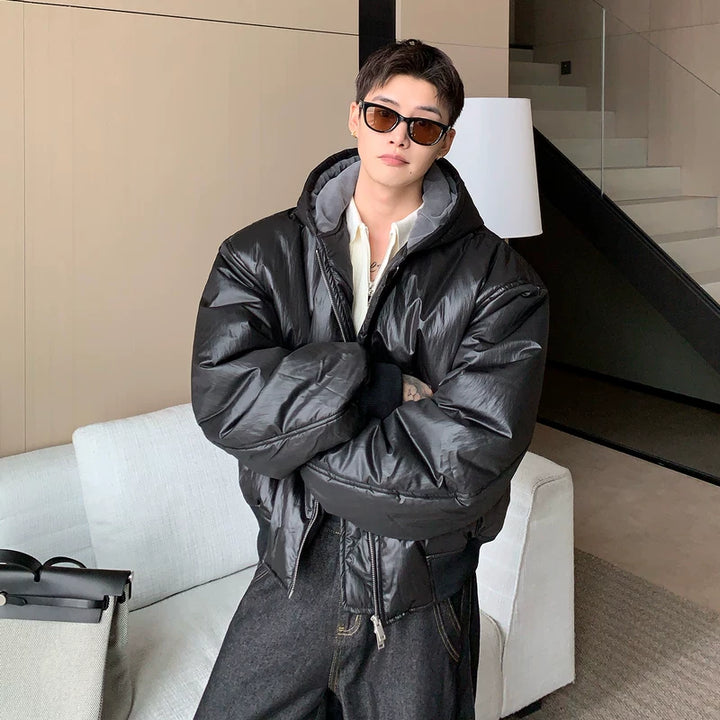 Glanzende PU-lederen gewatteerde jas met capuchon 