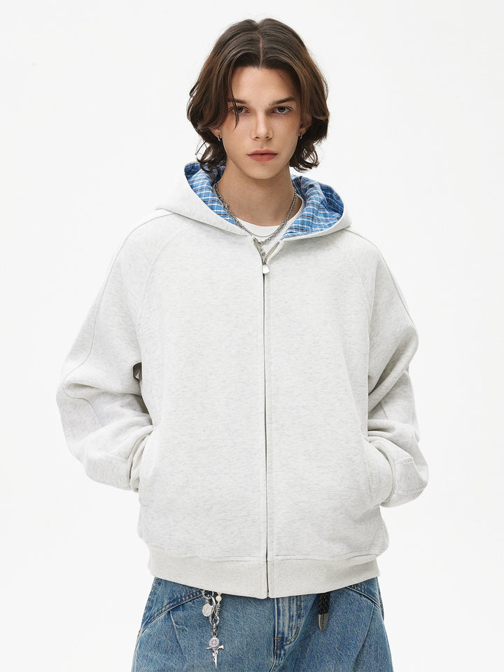 Plaid Lined Zip Up Hooded Sweatshirt