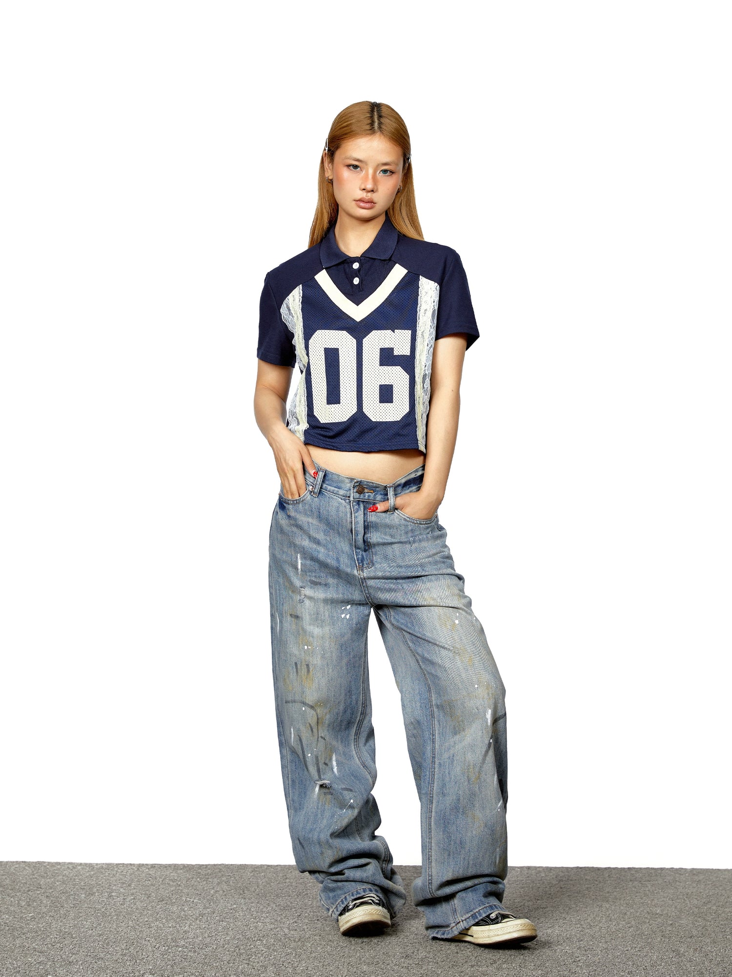 بنطال مستقيم فضفاض برسومات حبر ورذاذ 