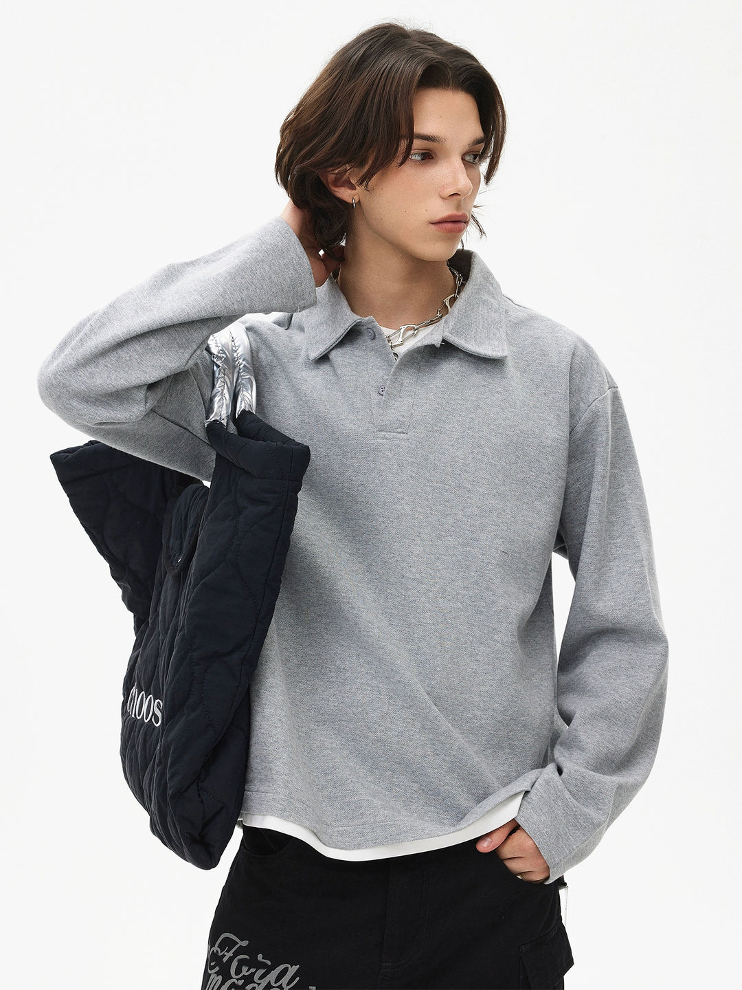 Henley Collar Long Sleeve Sweatshirt