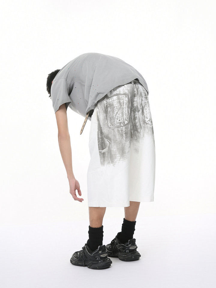 Verwaschene Skizze Druck Denim Shorts 