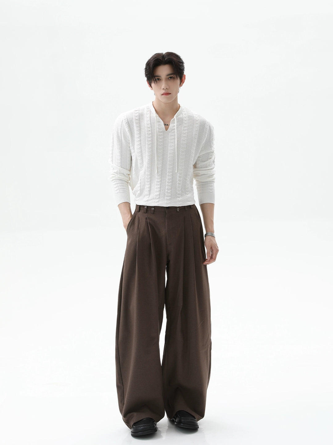 Solid Color Textured V-Neck Pullover