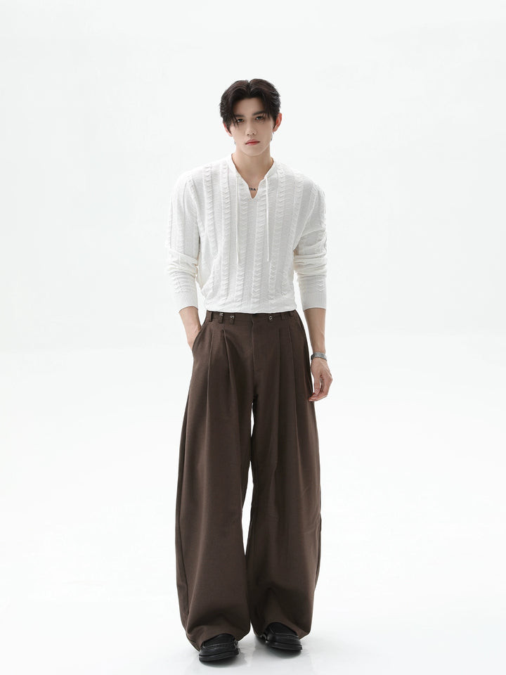 Solid Color Textured V-Neck Pullover