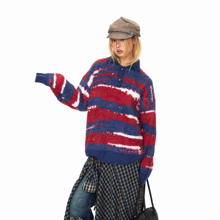 Striped Faux Mink Polo Collar Sweater