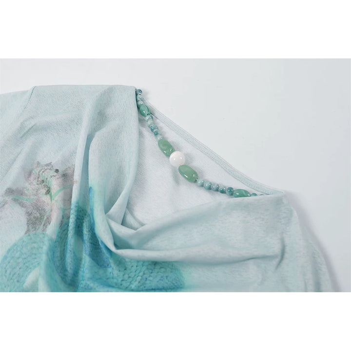 Snake Print Drape Collar Beaded Top