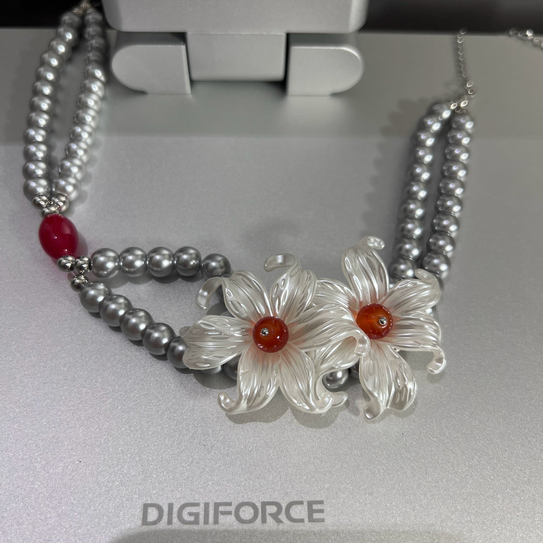 Collar Choker de Doble Capa con Perlas y Flores 