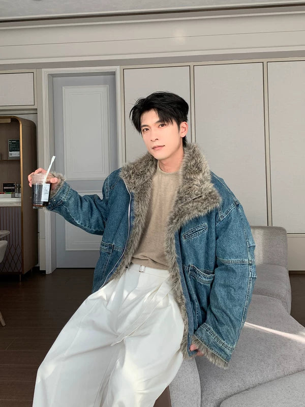 Faux Fur Lined Oversized Denim Jacket