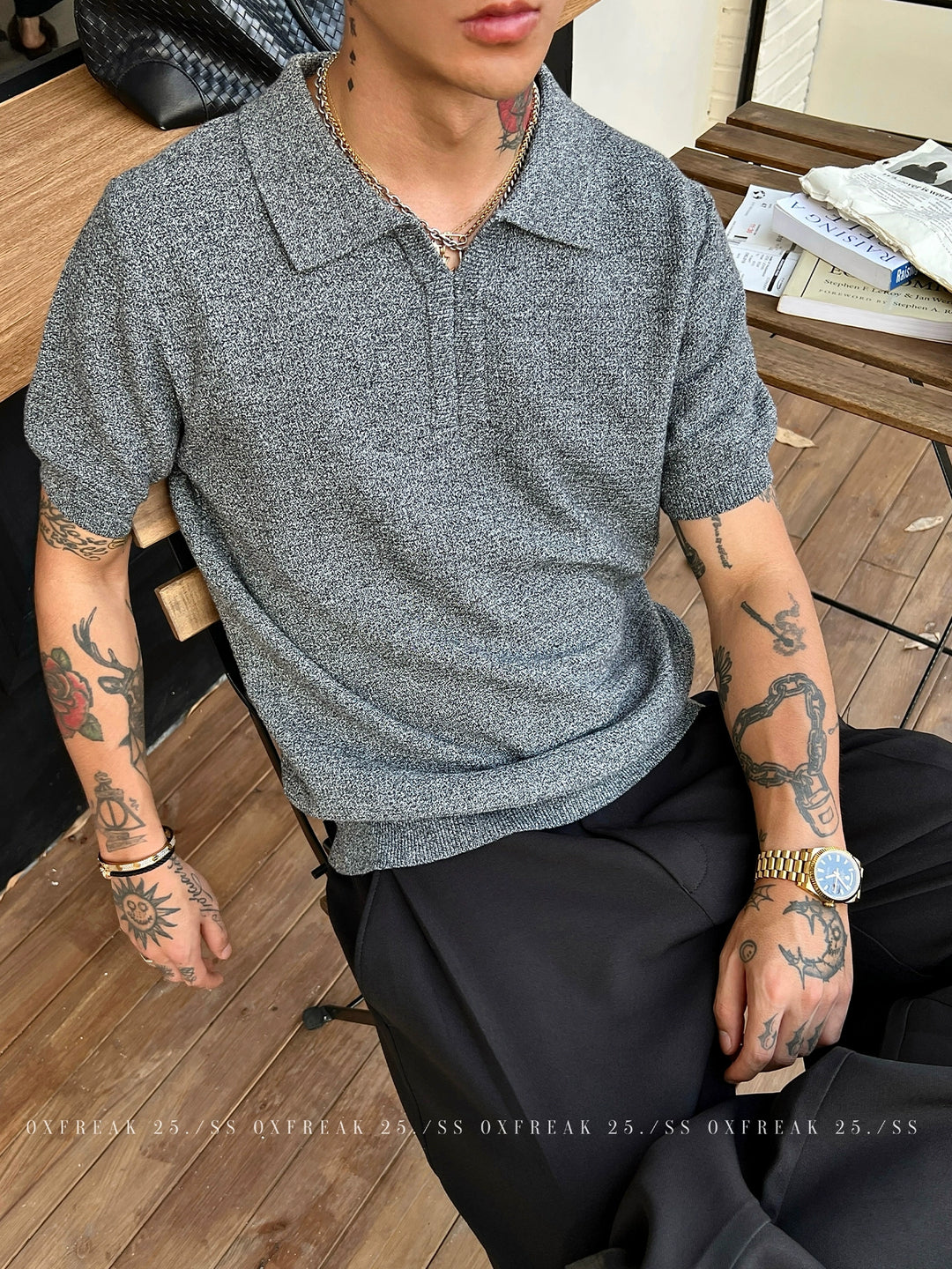 Textured Lapel Short Sleeve Polo Shirt