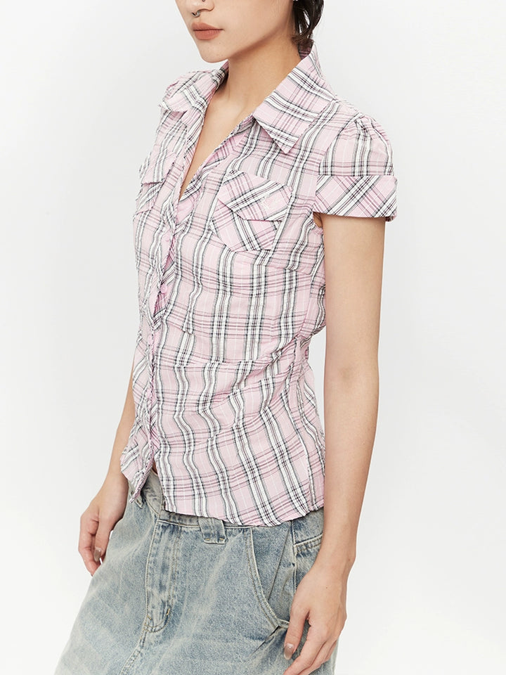 Chemise ajustée à boutons à manches courtes à carreaux 