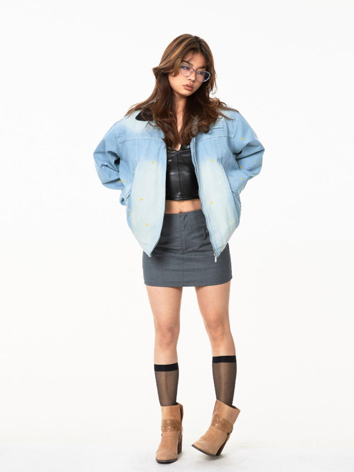 Washed Denim Contrast Collar Jacket