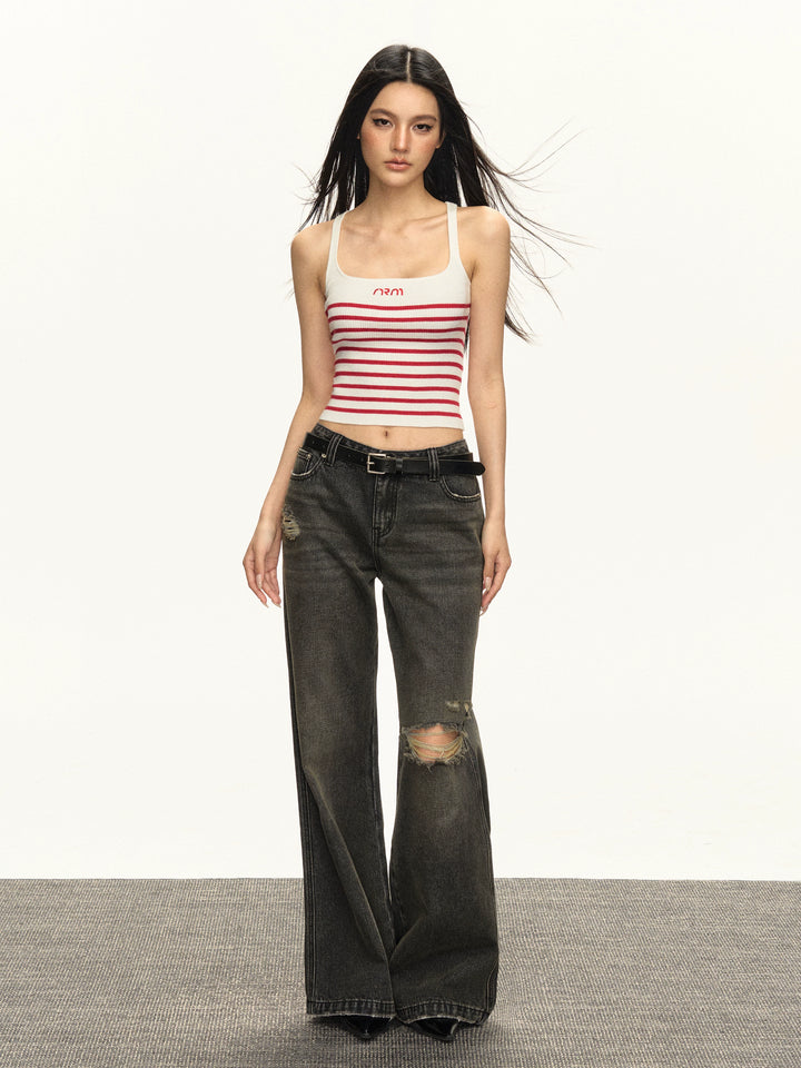 Retro brede ben slitte jeansbukser 