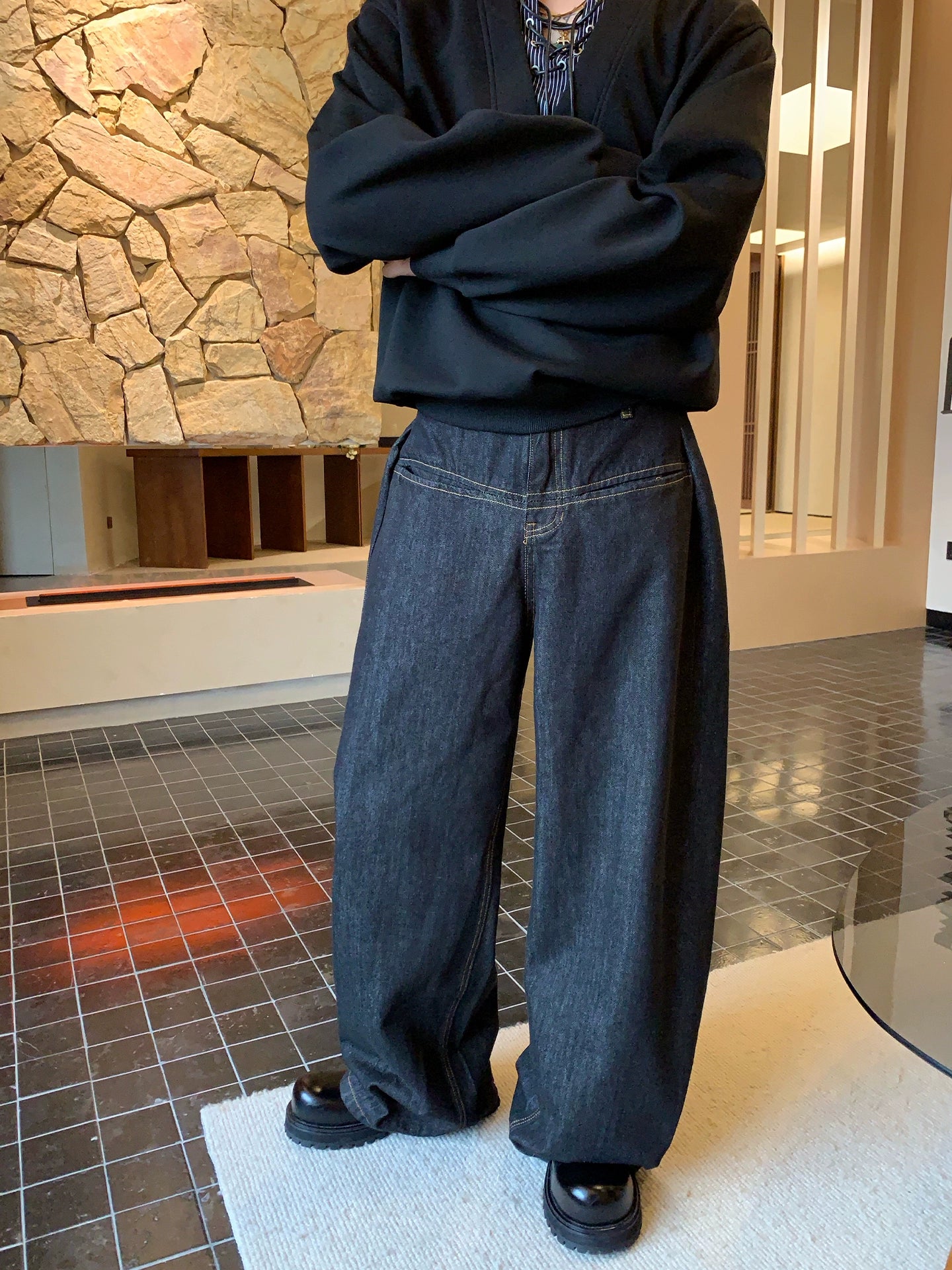 Plise Etekli Geniş Paça Kot Pantolon 