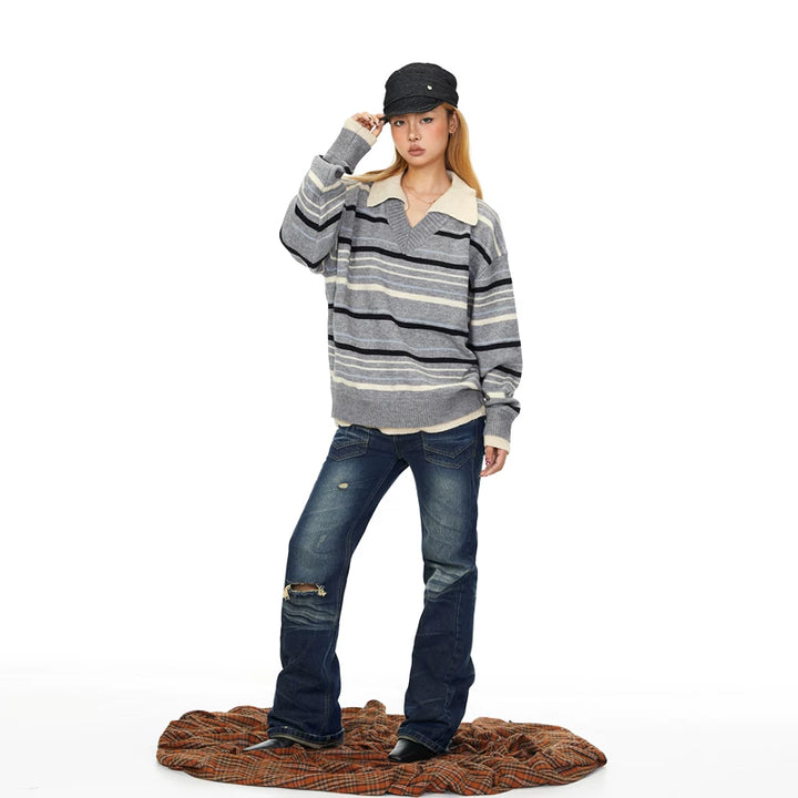 Striped Collared Knit Patchwork Sweatshirt