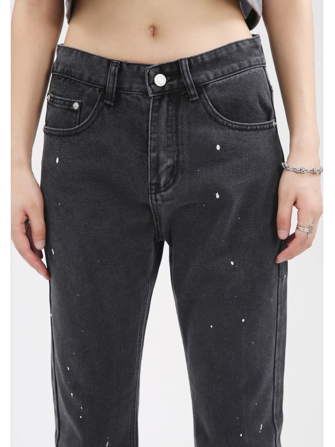 Flared Mid-Waist Paint-Splatter Jeans