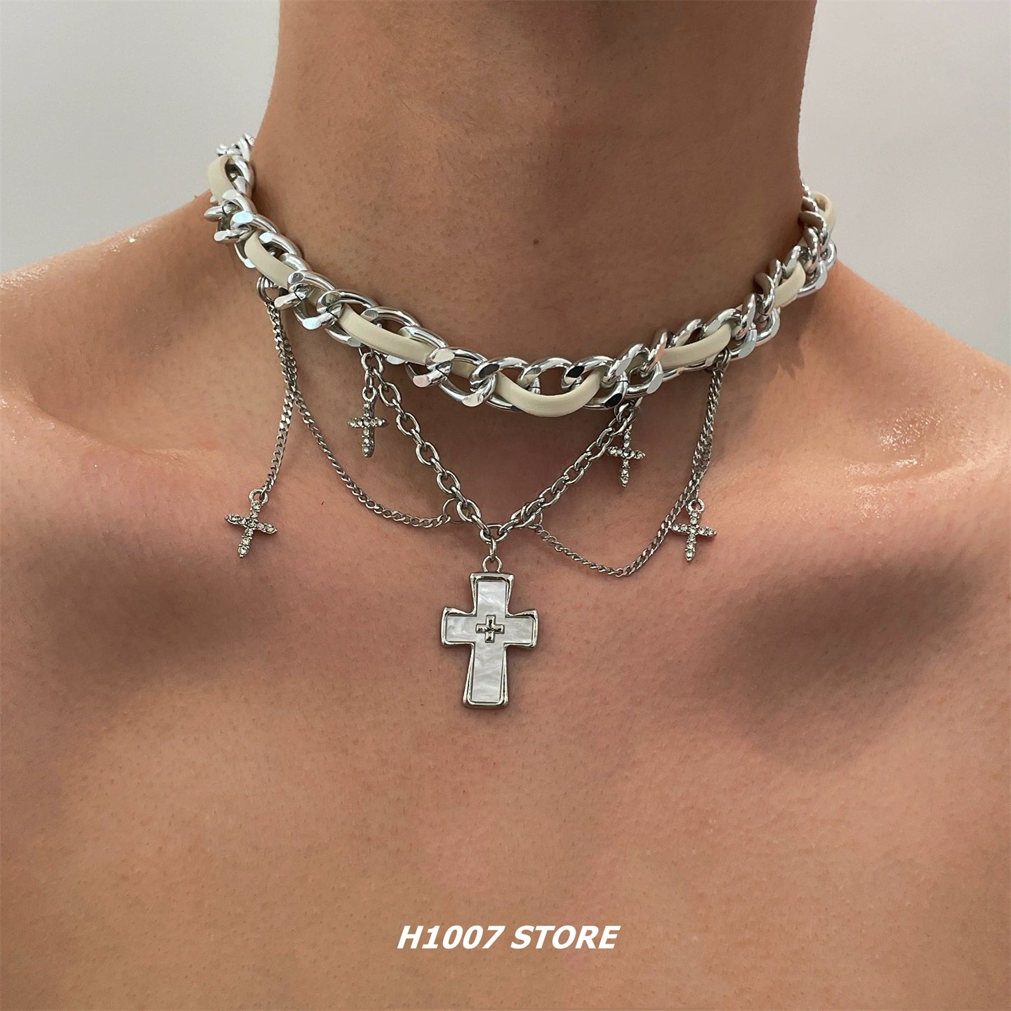 Cross Pendant Layered Leather Choker