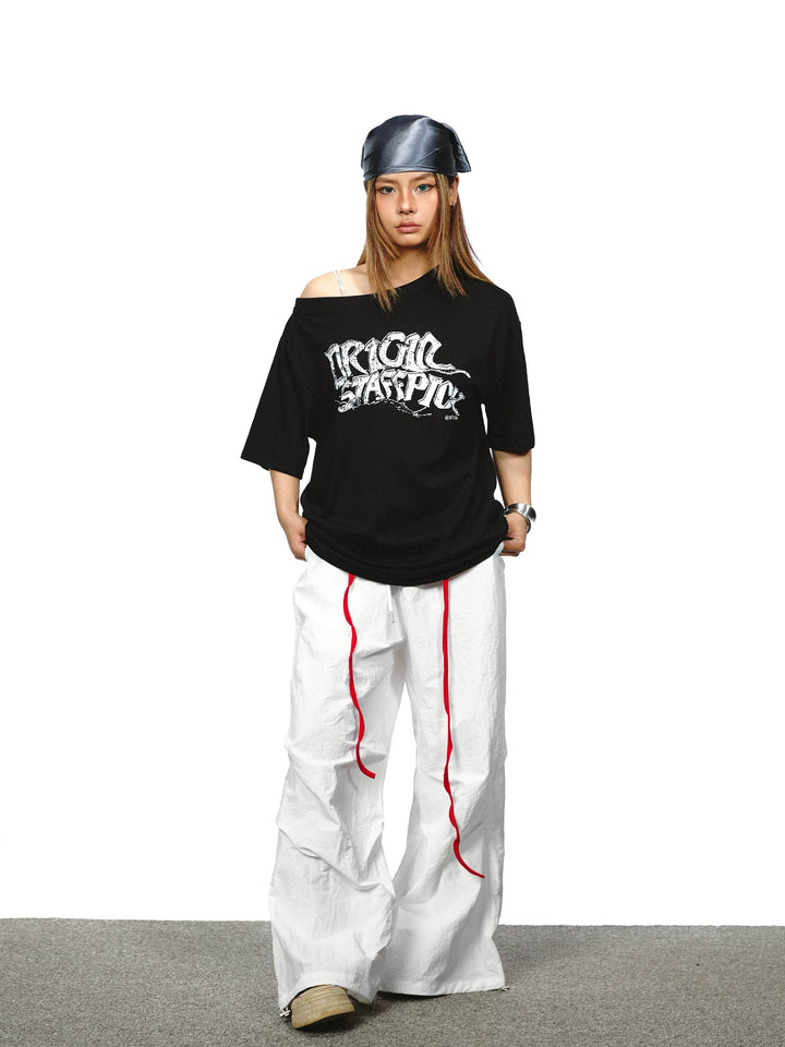 T-shirt loose à imprimé lettre et épaule décalée 