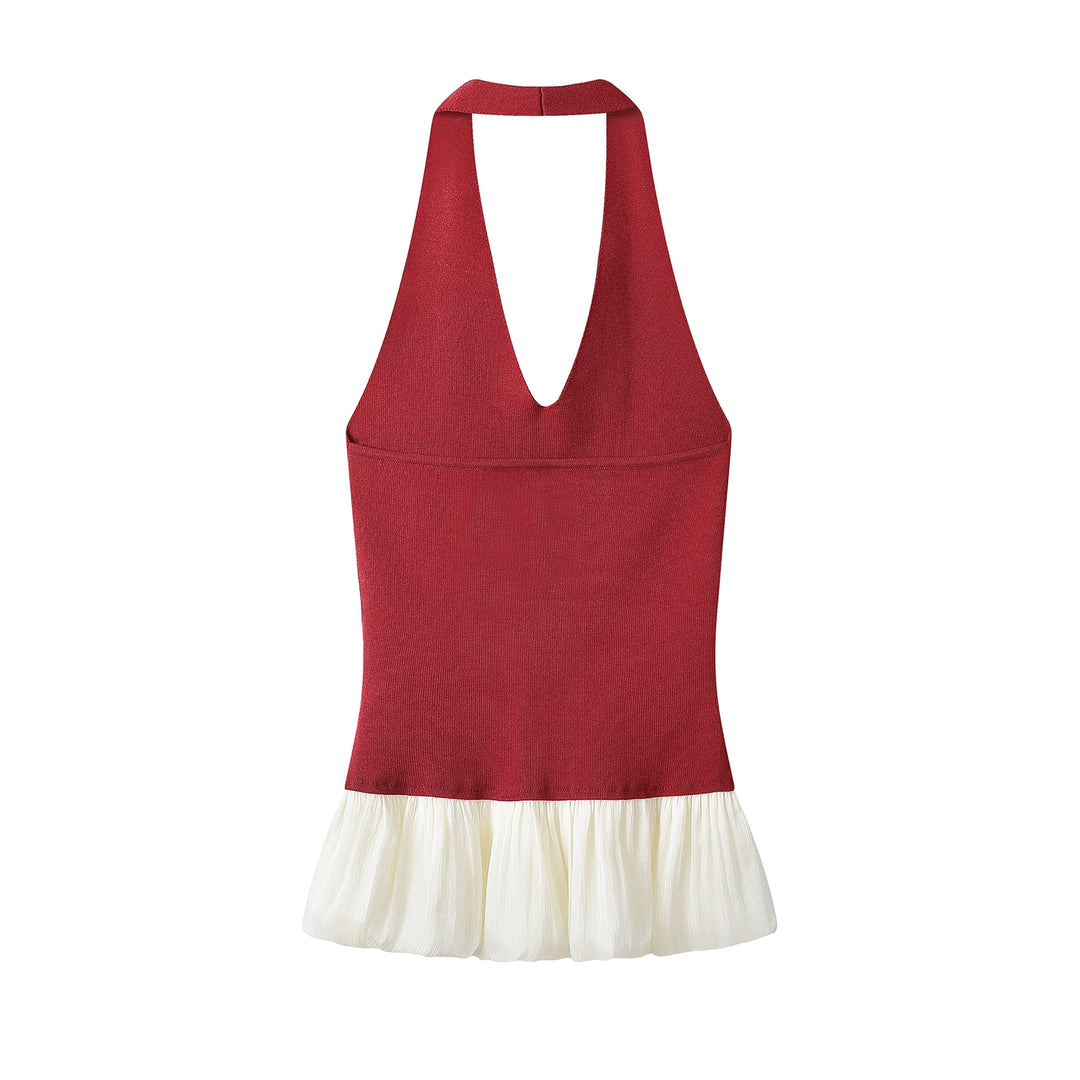 Knitted Halter Neck Spliced Ruffle Tank
