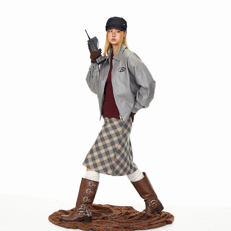 Embroidered Zipper Collar Leather Jacket