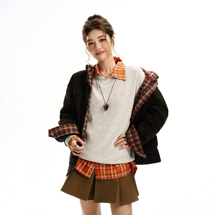 Chaqueta de cuello alto con forro de felpa de patchwork a cuadros 