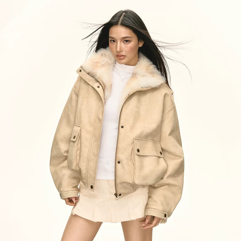 Faux pälskrage retro kort jacka 