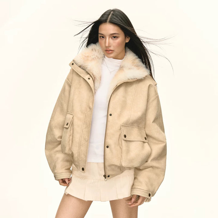 Faux pälskrage retro kort jacka 