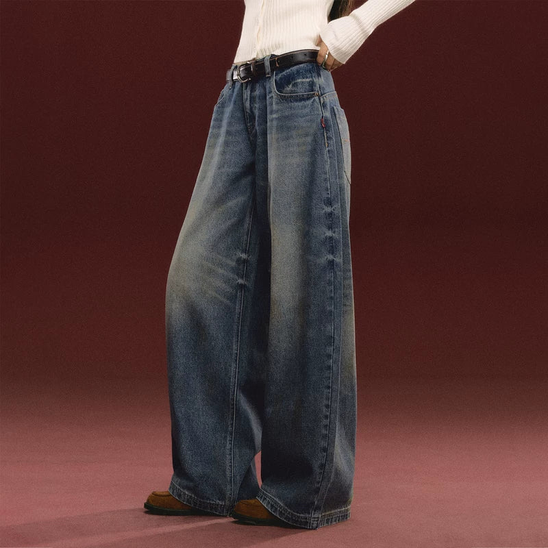 Retro Washed Wide Leg Jeans (No Belt Included）