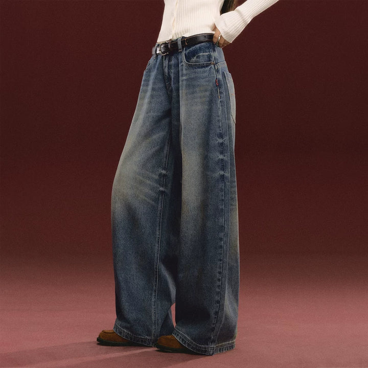 Retro Washed Wide Leg Jeans (No Belt Included）