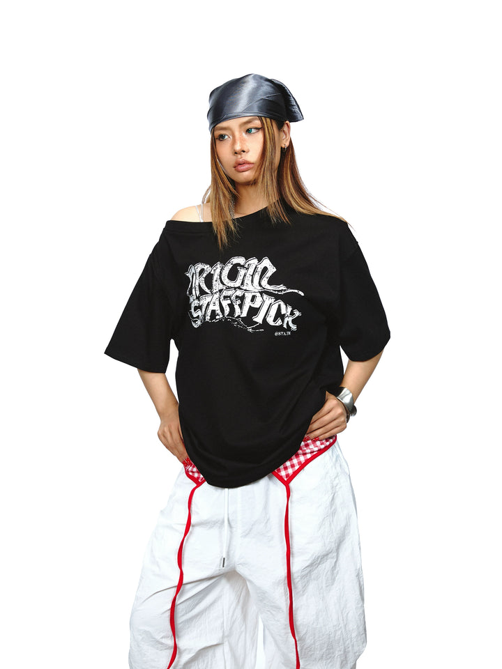 T-shirt loose à imprimé lettre et épaule décalée 