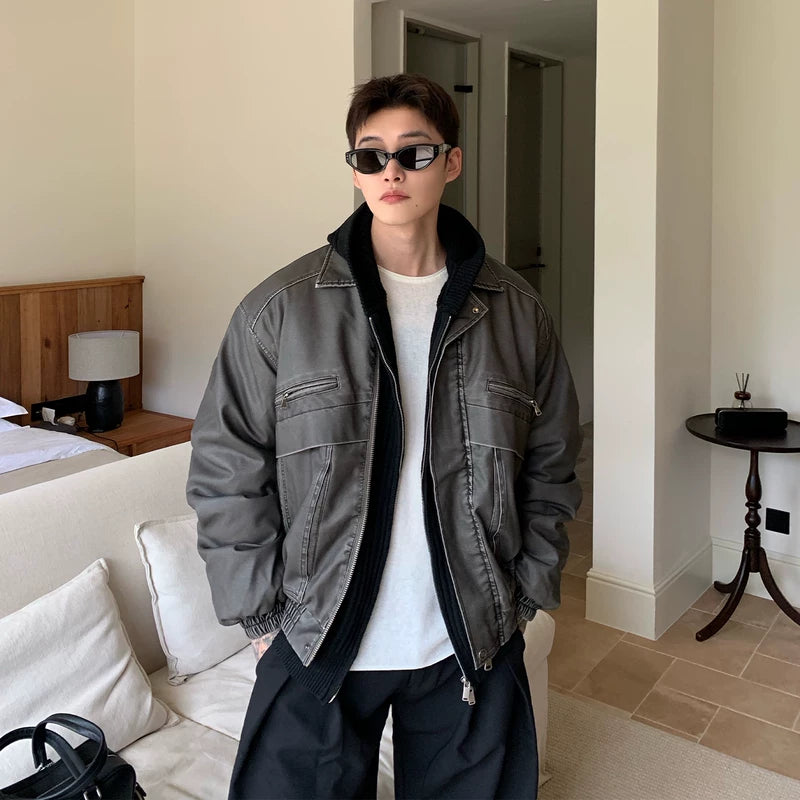 Vintage gewassen leren gewatteerde jas 